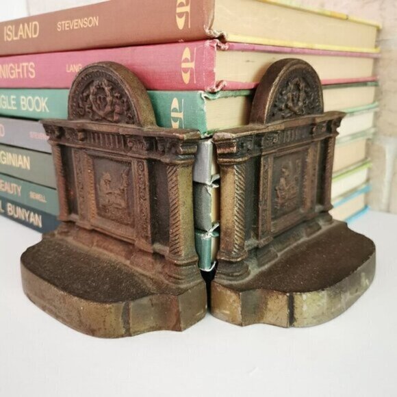 Woman Sewing Cast Iron Bookends HEAVY Greek Columns Ornate Decor Book Shelf Pair - Picture 6 of 9